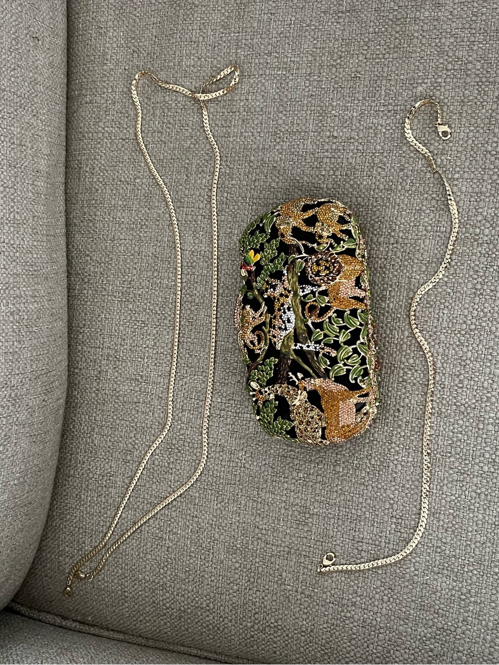 Gold-Tone Floral Embellished Clutch and attachments in Black & Green